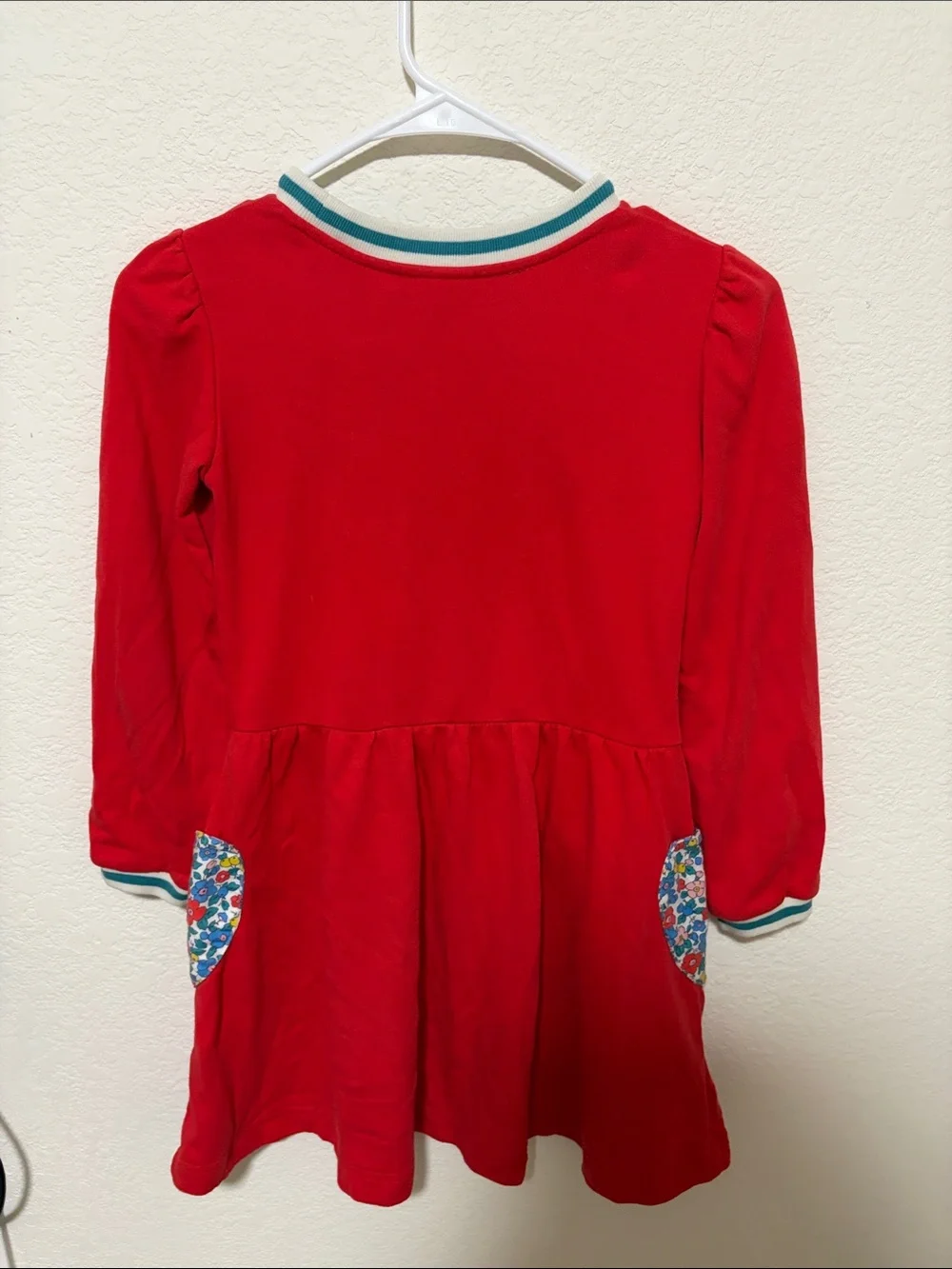 Mini Boden Red Long-Sleeve Dress with Floral Pockets